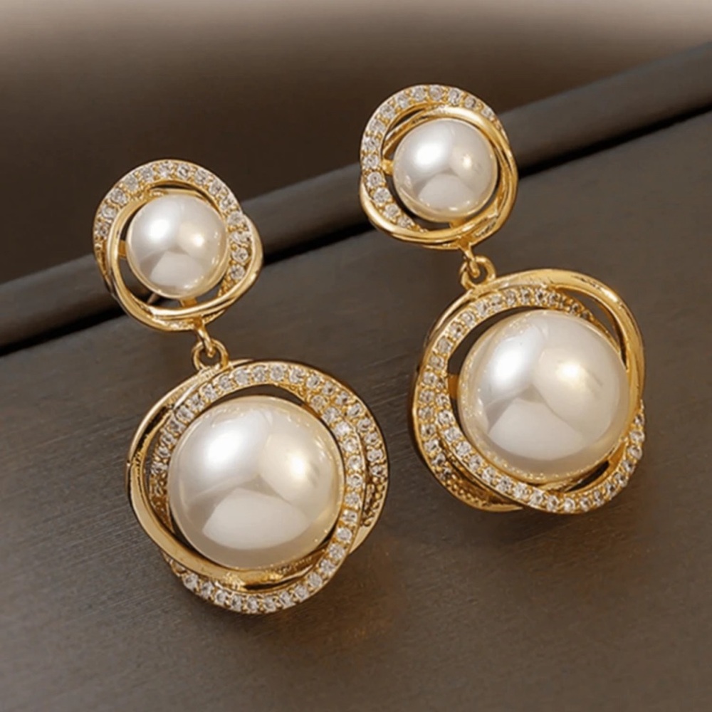 1 Pair High-End Faux Pearl Zinc Alloy Earrings, Rhinestone-Encrusted